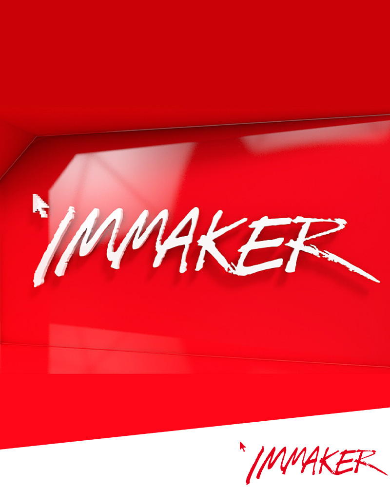 Der weiße handschriftliche Text „IMMAKER“ sticht auf einem glänzenden, leuchtend roten Hintergrund hervor. Das Wort „Immaker“ wird außerdem in kleinerer Schrift in der unteren rechten Ecke wiederholt.