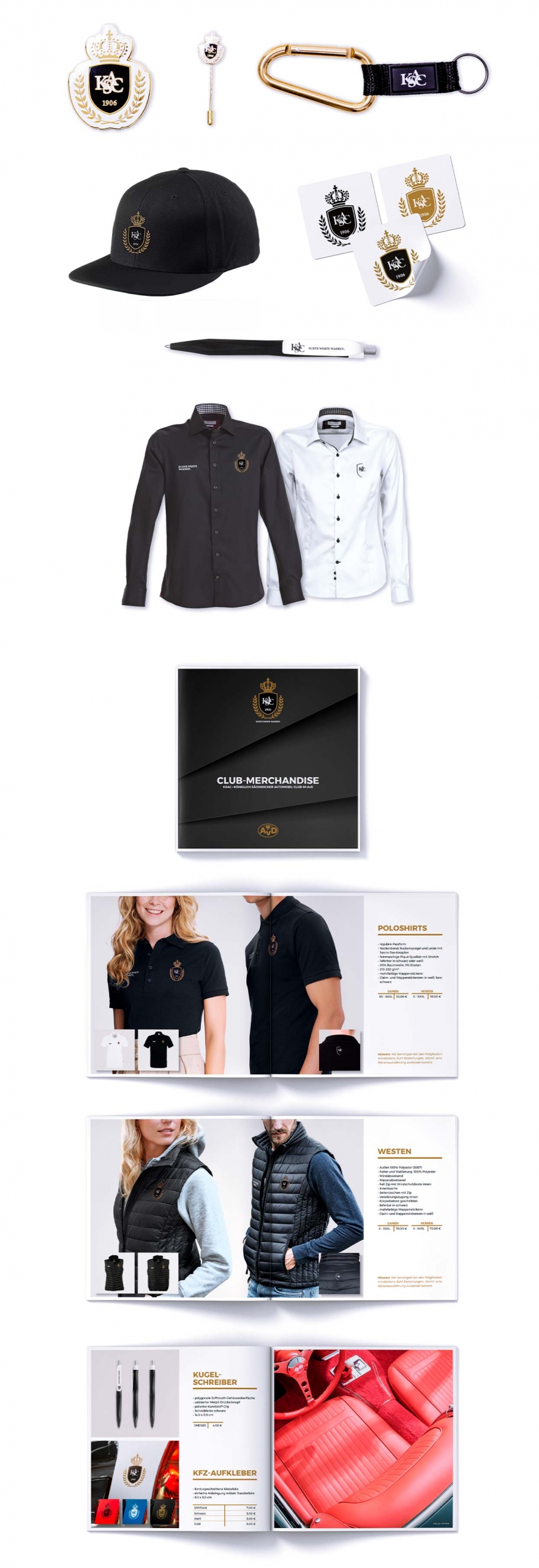 Eine Vielzahl von Clubartikeln, darunter Anstecknadeln, Schlüsselanhänger, Kappen, Kugelschreiber, Hemden, Jacken und ein Katalog mit Markenkleidung und Accessoires des Vollblut KSAC AvD – alles verziert mit einer Krone und dem „140“-Logo.