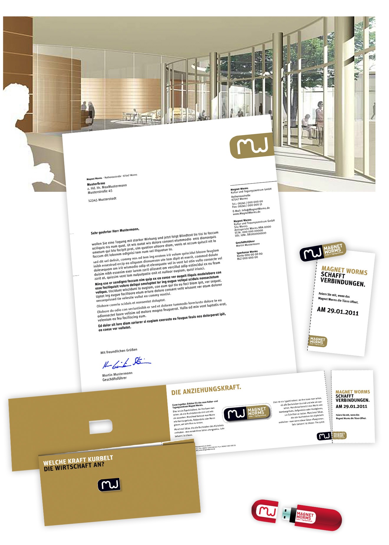 Ein Geschäftskorrespondenzset mit Brief, Visitenkarte, Umschlag, Werbebroschüre und USB-Stick mit Ihrem Markennamen in modernem Gold- und Weißdesign – alles präsentiert vor einem hellen Bürohintergrund und mit der stolzen Marke Vollblut Wormser.