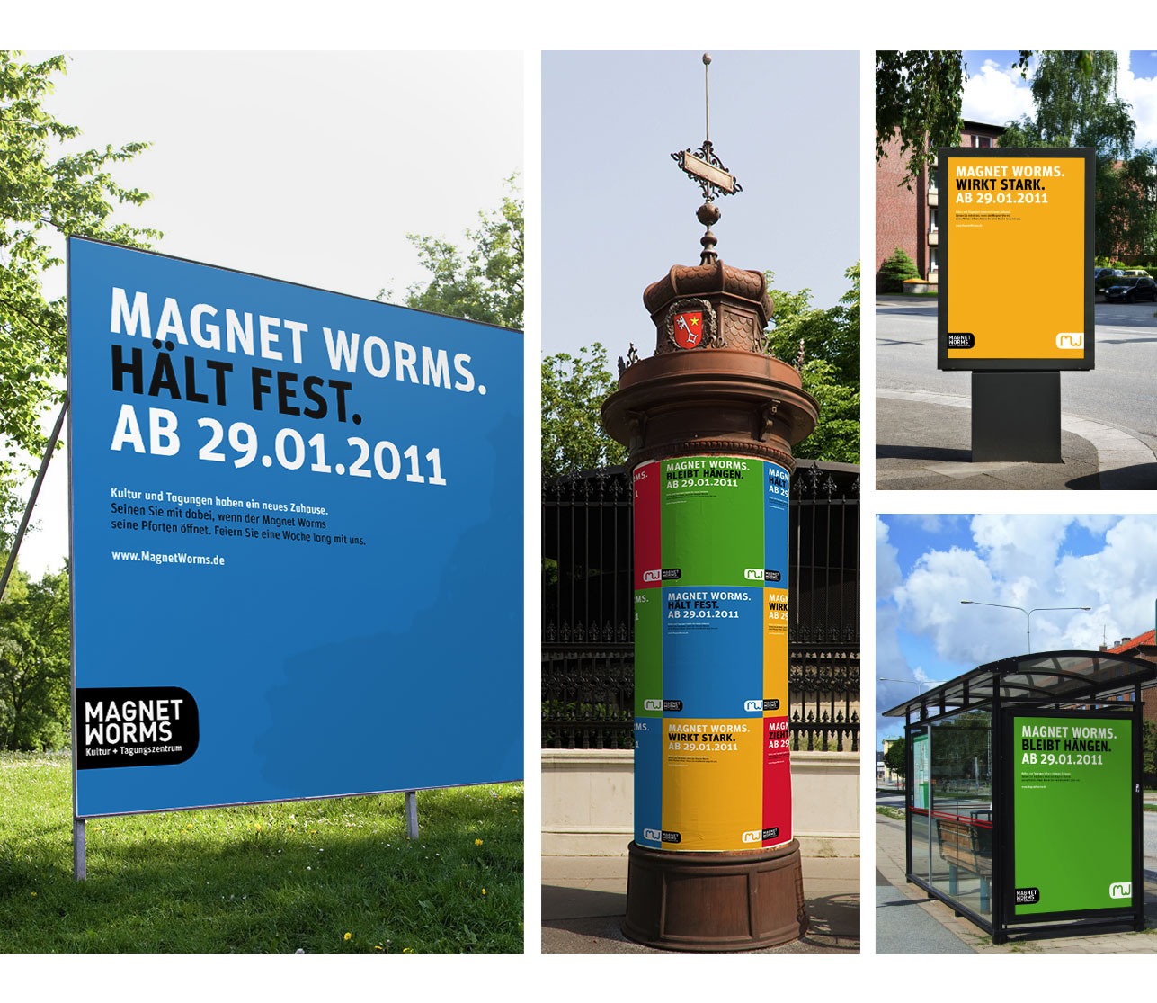 Eine Collage zeigt Werbeplakate für MAGNET WORMS und HALT FEST. AB 29.01.2011 mit dem Slogan Vollblut Wormser, die in leuchtenden Farben auf einer Plakatwand, einer Säule, einer Bushaltestelle und einem Straßenschild an verschiedenen Orten im Freien in der Stadt angezeigt werden.