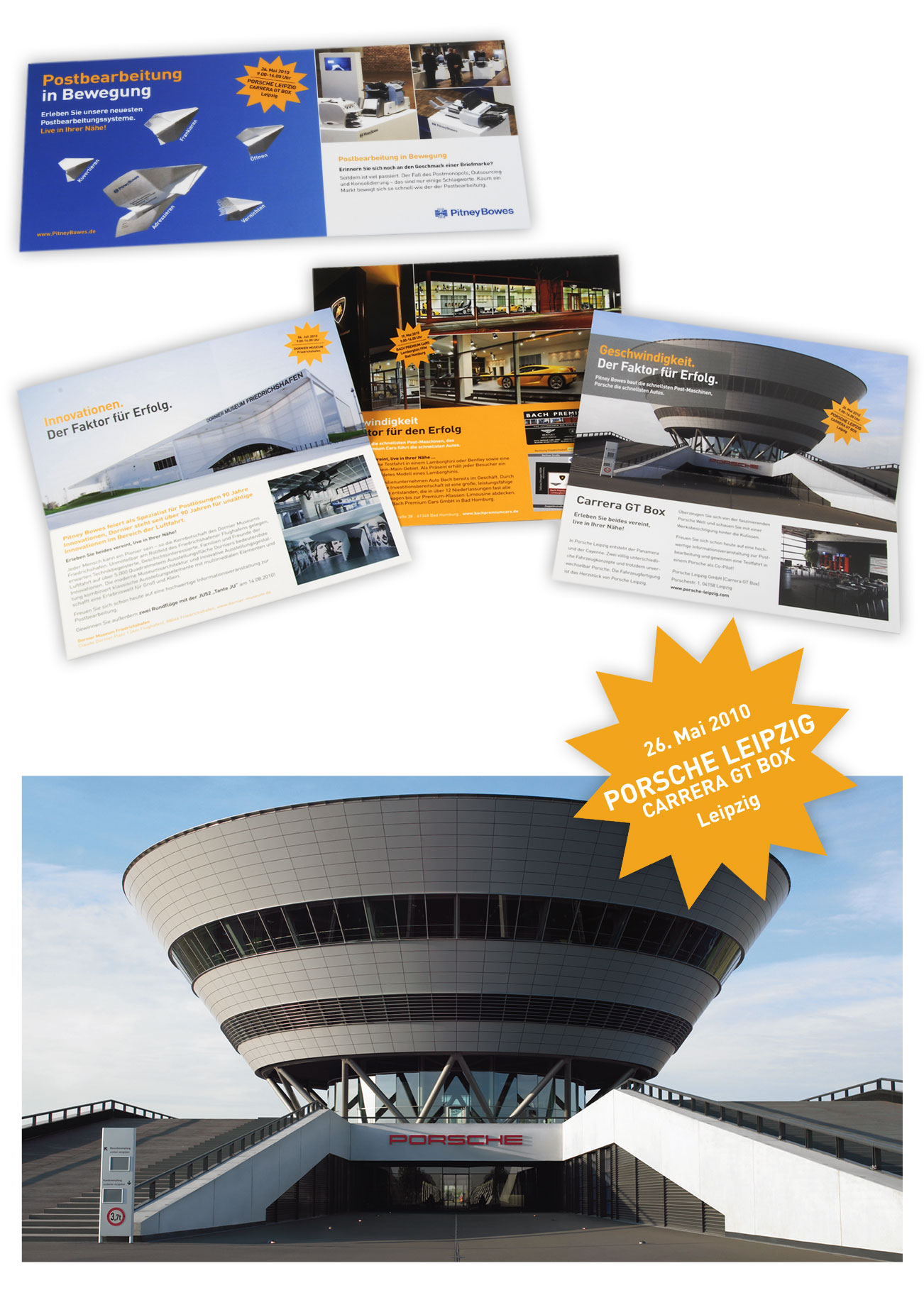 Eine Reihe von Werbebroschüren und Flyern mit der Porsche Leipzig Carrera GT Box sowie einem großen Foto des modernen, runden Porsche Leipzig-Gebäudes mit einem Sternenaufkleber, der auf eine Vollblut-Pitney-Bowes-Veranstaltung im Jahr 2010 aufmerksam macht.