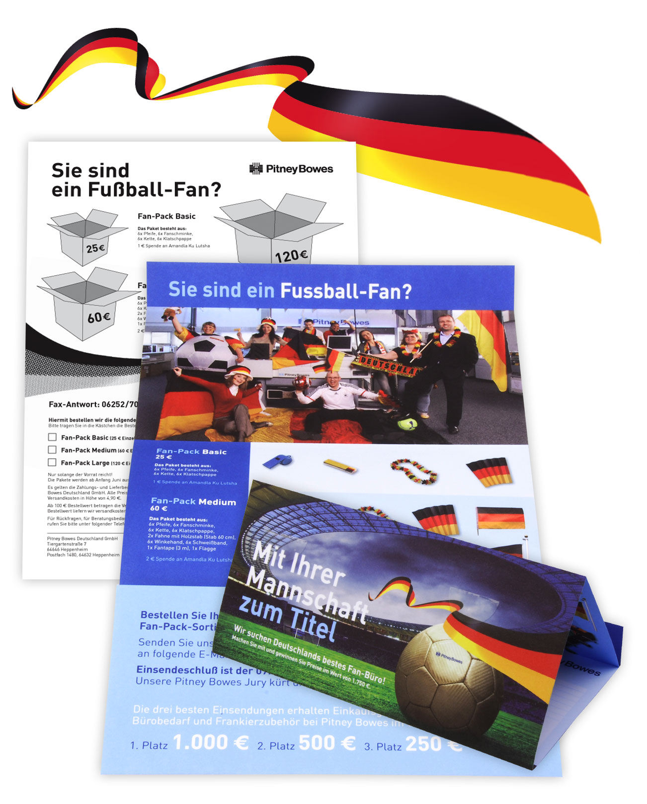 Eine Reihe von Werbematerialien für Fußballfans mit deutschem Thema, darunter Flyer und Broschüren mit deutschen Flaggen, Fußballmotiven, Preisinformationen und auffälligem Vollblut Pitney Bowes-Branding in den Farben Schwarz, Rot und Gelb.