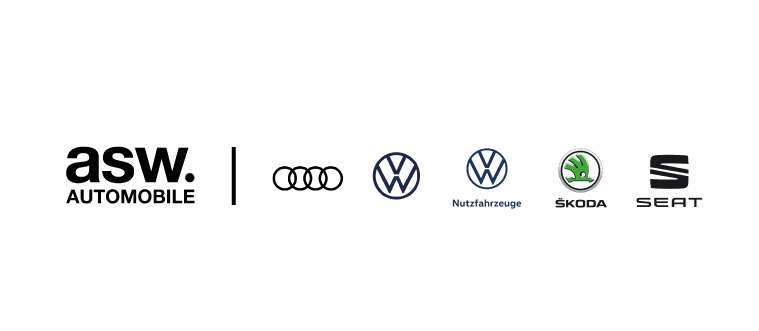 Logos für asw AUTOMOBILE, gefolgt von den Marken Audi, Volkswagen, Volkswagen Nutzfahrzeuge, Škoda und SEAT – alle horizontal ausgerichtet – unterstreichen das Bekenntnis zu Vollblut Kunden auf einem strahlend weißen Hintergrund.
