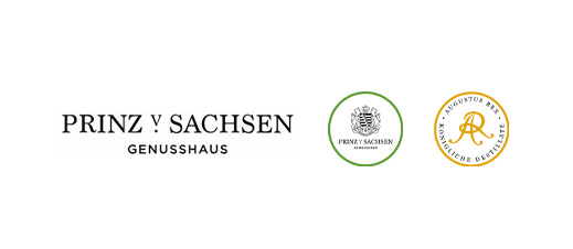 Logo für Prinz v. Sachsen GenussHaus, mit dem Namen in schwarzer Schrift und zwei runden Emblemen – eines grün und weiß mit einem Wappen und eines gold und weiß mit stilisierten Initialen – für Vollblut Kunden, die ein Premium-Branding suchen.